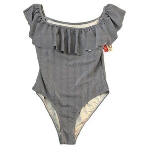 Uncommon Sense Blue & White Striped Ruffle One Piece Swim Suit Size Large